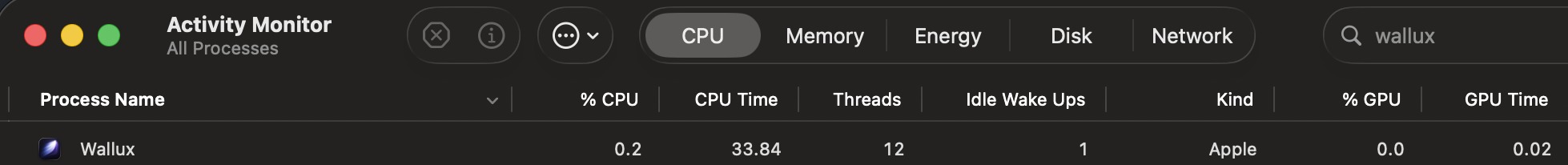 Activity Monitor showing Wallux using 0.2 percent CPU